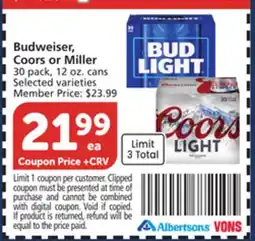 Albertsons Budweiser, Coors or Miller offer