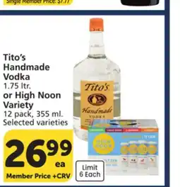 Albertsons Tito's Handmade Vodka 1.75 ltr. or High Noon Variety 12 pack, 355 ml offer