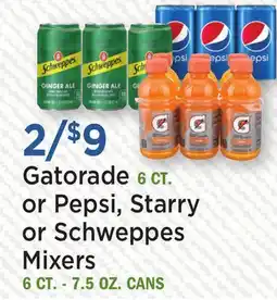 Heinen's Gatorade 6 CT. or Pepsi, Starry or Schweppes Mixers 6 CT. - 7.5 OZ. CANS offer