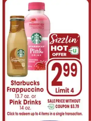 Jewel-Osco Starbucks Frappuccino 13.7 oz. or Pink Drinks 14 oz offer