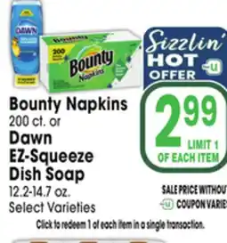 Jewel-Osco Bounty Napkins 200 ct. or Dawn EZ-Squeeze Dish Soap 12.2-14.7 oz offer