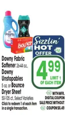 Jewel-Osco Downy Fabric Softener 26-44 oz., Downy Unstopables 5 oz. or Bounce Dryer Sheet 50-105 ct offer