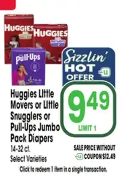 Jewel-Osco Huggies LIttle Movers or LIttle Snugglers or Pull-Ups Jumbo Pack Diapers offer