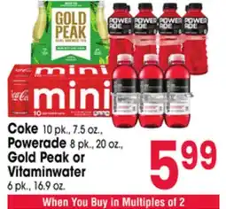 Jewel-Osco Coke 10 pk., 7.5 oz., Powerade 8 pk., 20 oz., Gold Peak or Vitaminwater 6 pk., 16.9 oz offer