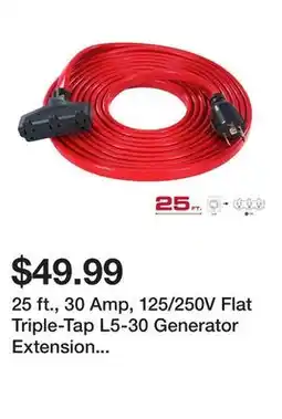 Harbor Freight Tools 25 ft., 30 Amp, 125/250V Flat Triple-Tap L5-30 Generator Extension Cord Adapter offer