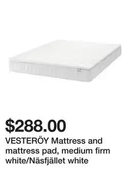 Ikea VESTERÖY Mattress and mattress pad, medium firm white/Näsfjället white offer