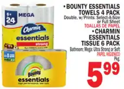 Bravo Supermarkets BOUNTY ESSENTIALS TOWELS 4 PACK, CHARMIN ESSENTIALS TISSUE 6 PACK offer