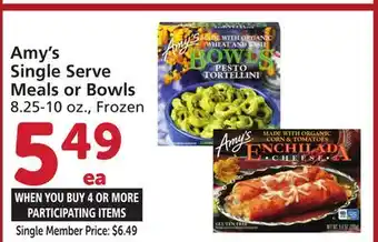 Vons Amy's Single Serve Meals or Bowls offer