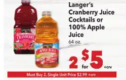 Vallarta Supermarkets Langer's Cranberry Juice Cocktails or 100% Apple Juice offer