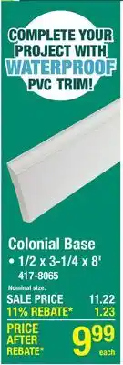 Menards 1/2 x 3-1/4 x 8' White PVC Colonial Base Moulding WM623 offer