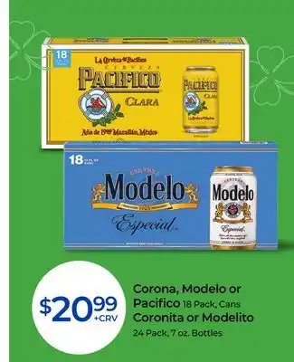 Rite Aid Corona, Modelo or Pacifico 18 Pack, Cans Coronita offer