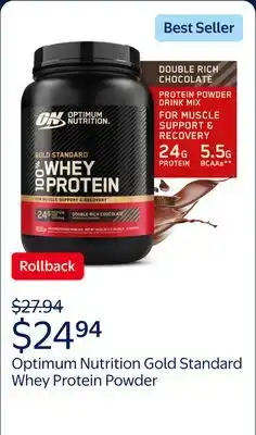 Walmart Optimum Nutrition, Gold Standard 100% Whey Protein Powder, Double Rich Chocolate offer