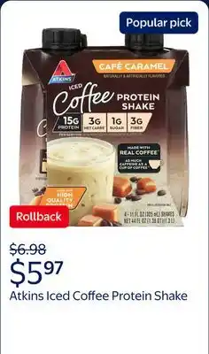 Walmart Atkins Protein Shake, Iced Coffee Café Caramel, Keto Friendly, 15g Protein, Caffeinated offer