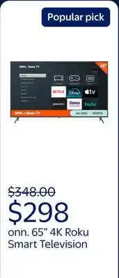 Walmart onn. 65 Class 4K UHD (2160P) LED Roku Smart Television HDR (100012587) offer