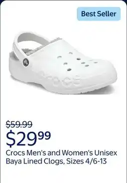 Walmart Crocs Men's and Women's Unisex Baya Lined Clogs, Sizes 4/6-13 offer