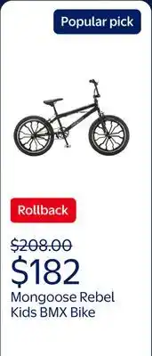 Walmart Mongoose Rebel Kids BMX Bike, 20-in. Wheels, Children & Tweens Ages 7-13, Black Bicycle offer