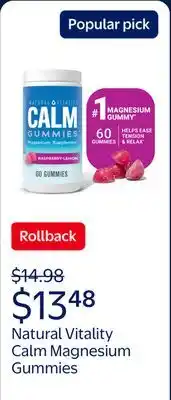 Walmart Natural Vitality Calm, Magnesium Citrate Gummies, Raspberry-Lemon offer