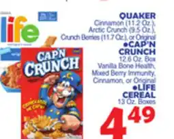 Bravo Supermarkets CRUNCH 12.6 Oz. Box Original • LIFE CEREAL 13 Oz. Boxes offer