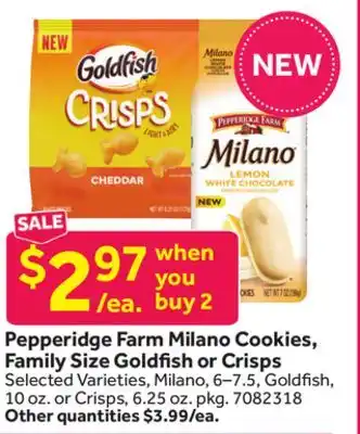 Stop&Shop Pepperidge Farm Milano Cookies, Family Size Goldfish or Crisps offer