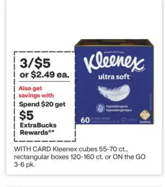 CVS Kleenex cubes 55-70 ct., rectangular boxes 120-160 ct. or ON the GO 3-6 pk offer