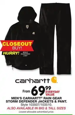 Blain's Farm & Fleet MEN'S CARHARTT RAIN GEAR STORM DEFENDER JACKETS & PANT offer