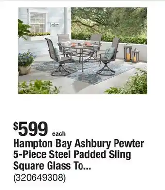 The Home Depot Hampton Bay Ashbury Pewter 5-Piece Steel Padded Sling Square Glass Top Outdoor Dining Set offer