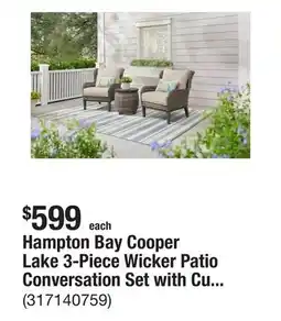 The Home Depot Hampton Bay Cooper Lake 3-Piece Wicker Patio Conversation Set with CushionGuard Putty Cushions offer