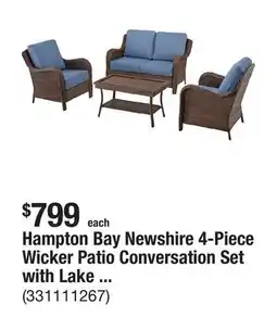 The Home Depot Hampton Bay Newshire 4-Piece Wicker Patio Conversation Set with Lake Cushions offer