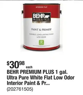 The Home Depot BEHR PREMIUM PLUS 1 gal. Ultra Pure White Flat Low Odor Interior Paint & Primer offer