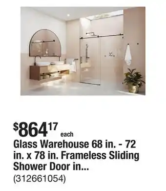 The Home Depot Glass Warehouse 68 in. - 72 in. x 78 in. Frameless Sliding Shower Door in Matte Black with Handle offer