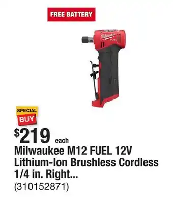 The Home Depot Milwaukee M12 FUEL 12V Lithium-Ion Brushless Cordless 1/4 in. Right Angle Die Grinder (Tool-Only) offer