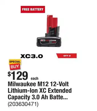 The Home Depot Milwaukee M12 12-Volt Lithium-Ion XC Extended Capacity 3.0 Ah Battery Pack (2-Pack) offer