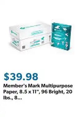 Sam's Club Member's Mark Multipurpose Paper, 8.5 x 11, 96 Bright, 20 lbs., 8 Reams (4,000 sheets) offer