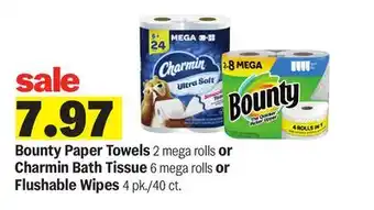 Meijer Bounty Paper Towels 2 mega rolls or Charmin Bath Tissue 6 mega rolls or Flushable Wipes 4 pk./40 ct offer