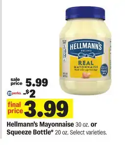 Meijer Hellmann's Mayonnaise 30 oz. or Squeeze Bottle* 20 oz offer