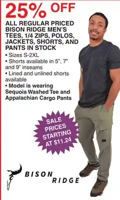 Dunham's Sports ALL REGULAR PRICED BISON RIDGE MEN'S TEES, 1/4 ZIPS, POLOS, JACKETS, SHORTS, AND PANTS IN STOCK offer