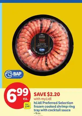 Lidl hLidl Preferred Selection frozen cooked shrimp ring tray with cocktail sauce offer