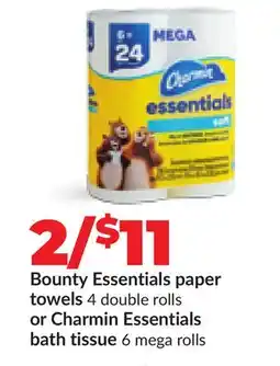 Hy-Vee Bounty Essentials paper towels 4 double rolls or Charmin Essentials bath tissue 6 mega rolls offer