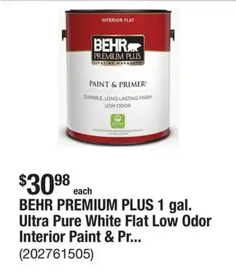 The Home Depot BEHR PREMIUM PLUS 1 gal. Ultra Pure White Flat Low Odor Interior Paint & Primer offer