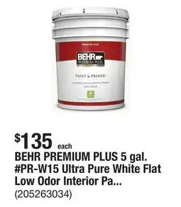 The Home Depot BEHR PREMIUM PLUS 5 gal. #PR-W15 Ultra Pure White Flat Low Odor Interior Paint & Primer offer