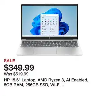 Office Depot HP 15.6 Laptop, AMD Ryzen 3, AI Enabled, 8GB RAM, 256GB SSD, Wi-Fi 6, Windows 11 Home (15-fc0013od) offer