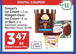 Albertsons Dreyer's Ice Cream 1.5 qt. Häagen-Dazs Ice Cream 14 oz. or Bars 3 ct offer