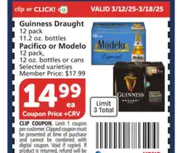 Albertsons Guinness Draught 12 pack 11.2 oz. bottles Pacifico or Modelo 12 pack, 12 oz. bottles or cans offer