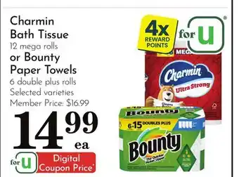 Pavilions Charmin Bath Tissue 12 mega rolls or Bounty Paper Towels 6 double plus rolls offer