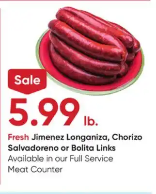 Stater Bros Fresh Jimenez Longaniza, Chorizo Salvadoreno or Bolita Links offer