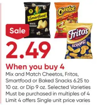 Stater Bros Cheetos, Fritos, Smartfood or Baked Snacks 6.25 to 10 oz. or Dip 9 oz offer