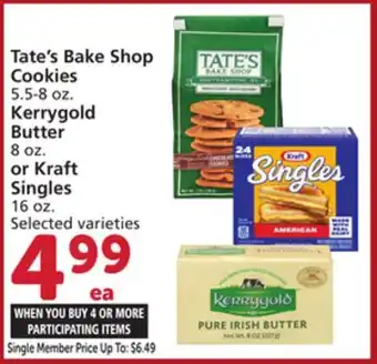 Vons Tate's Bake Shop Cookies 5.5-8 oz., Kerrygold Butter 8 oz. or Kraft Singles 16 oz offer