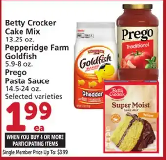 Vons Betty Crocker Cake Mix 13.25 oz. Pepperidge Farm Goldfish 5.9-8 oz. Prego Pasta Sauce 14.5-24 oz offer