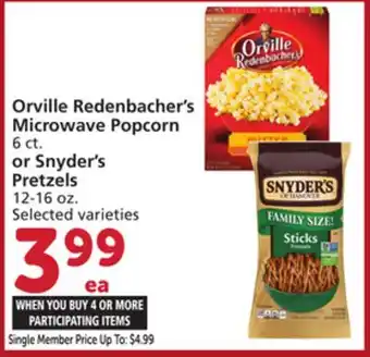 Vons Orville Redenbacher's Microwave Popcorn 6 ct. or Snyder's Pretzels 12-16 oz offer