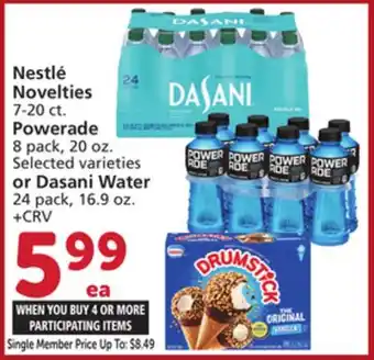 Vons Nestlé Novelties 7-20 ct. Powerade 8 pack, 20 oz. or Dasani Water 24 pack, 16.9 oz offer